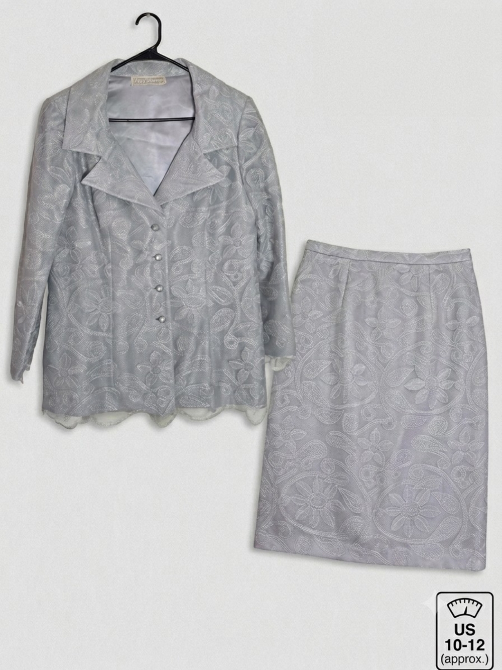 Peggy Jennings Vintage Metallic Silver Lace Skirt Suit Set US 10-12 Large